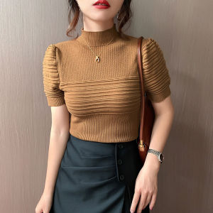 Half High Neck Short Sleeved Knit Top Women Bubble Sleeves Summer Slim Fitting T-shirts