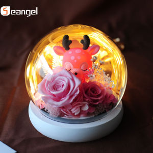 Seangel Immortal Real Flower Big Rose Glass Cover Finished Deer Doll Artificial Flower Collectible Dried Flower Decoration for Girlfriend Birthday Christmas Womens Day gifts