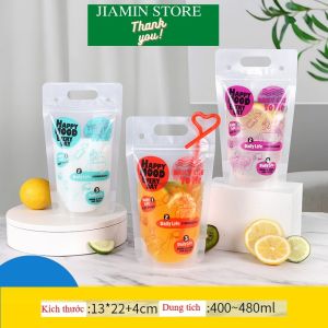 Túi zip đựng trà sữa nước trái cây tặng kèm ống hút thể tích 450-500ml tiện lợi