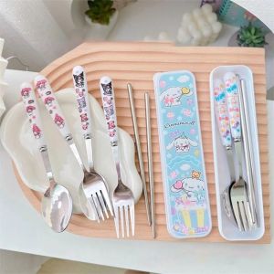 Sanrio Children Tableware Hello Kitty Melody Kuromi Stainless Steel Tableware Two-piece Set Cinnamoroll Fork Spoon Kids Gifts