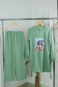 Setelan Baju Perempuan Terbaru Murah Onset Wanita KPOP Simple BTS SET CRINKLE APK SABLON ATASAN + CELANA JUMBO