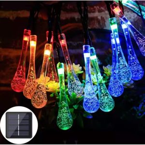 Ronye Life【Spot Manila】 8 Modes Solar Powered LED Water Drop Christmas Light String 6.5M/30 Solar Lights Waterproof Outdoor Solar Colorful Lamp Decor Pendant Garden Indoor Room Fairy for House Fence Lawn Tree Street Garlands Gate