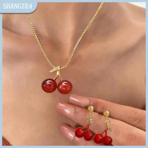 【SHANGZE4】 Anh đào màu đỏ mặt dây chuyền vòng cổ Stud Bông tai thiết lập của phụ nữ thời trang trái cây Vòng cổ bông tai jewery thiết lập cho bữa tiệc cưới cô gái Quà Tặng