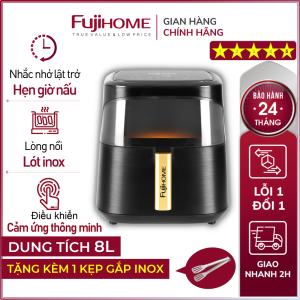 Nồi chiên không dầu 8 Lít điện tử Nhập Khẩu FUJIHOME tặng kèm gắp Nồi chiên kính trong suốt 8L hẹn giờ và nhắc lật trở thức ăn