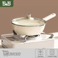 S&S Deep Frying Pan Ceramic Wok with Lid Non-coated 24cm Deepen Frying Pan Non-coated Non-stick Wok Antibacterial Wok Suitable For Induction Cooker Pan. 