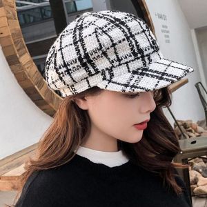 HUIHEYU Elegant Vintage For Girls Artist Hat For Female Keep Warm Women Visors Cap Plaid Beret Painter Hat Octagonal Cap