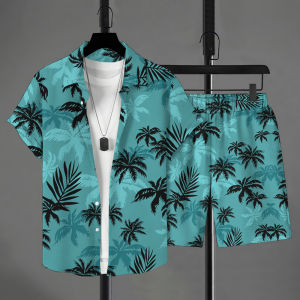 ZEEMIN  Summer Mens Short Sleeve Shirt Pants Suit Palm Tree Print Outdoor Travel Button Top Fashion Loose Clothing Hawaii Shirts