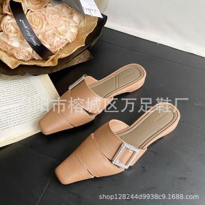 [Free Shipping] Ready To Ship New Summer Styles: Square-Toe Rhinestone-Embellished Low-Heeled Sandals Roman-Style Closed-Toe Half Slippers