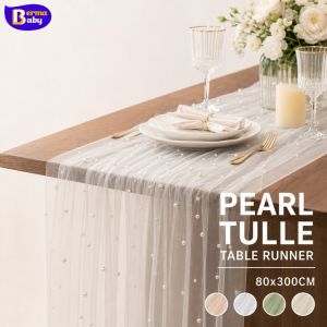 White Pearl Chiffon Table Runner Sheer Gauze Mesh Table Cloth For Wedding Birthday Party Thanksgiving Elegant Event Decor