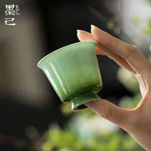 墨己醒春集玉泥白瓷高足茶杯功夫茶具家用翡翠绿陶瓷品茗杯主人杯
