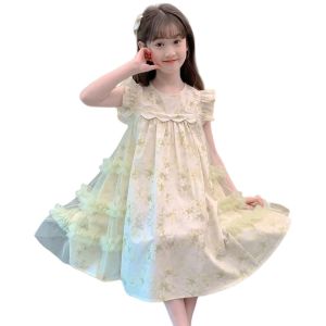 GCZ13 Floral Print Pleated Kids Ruffles Mesh Dress Sleeveless Round Neck Girls Puff Sleeve Skirt Breathable Long Children Princess Dress Kids Girls