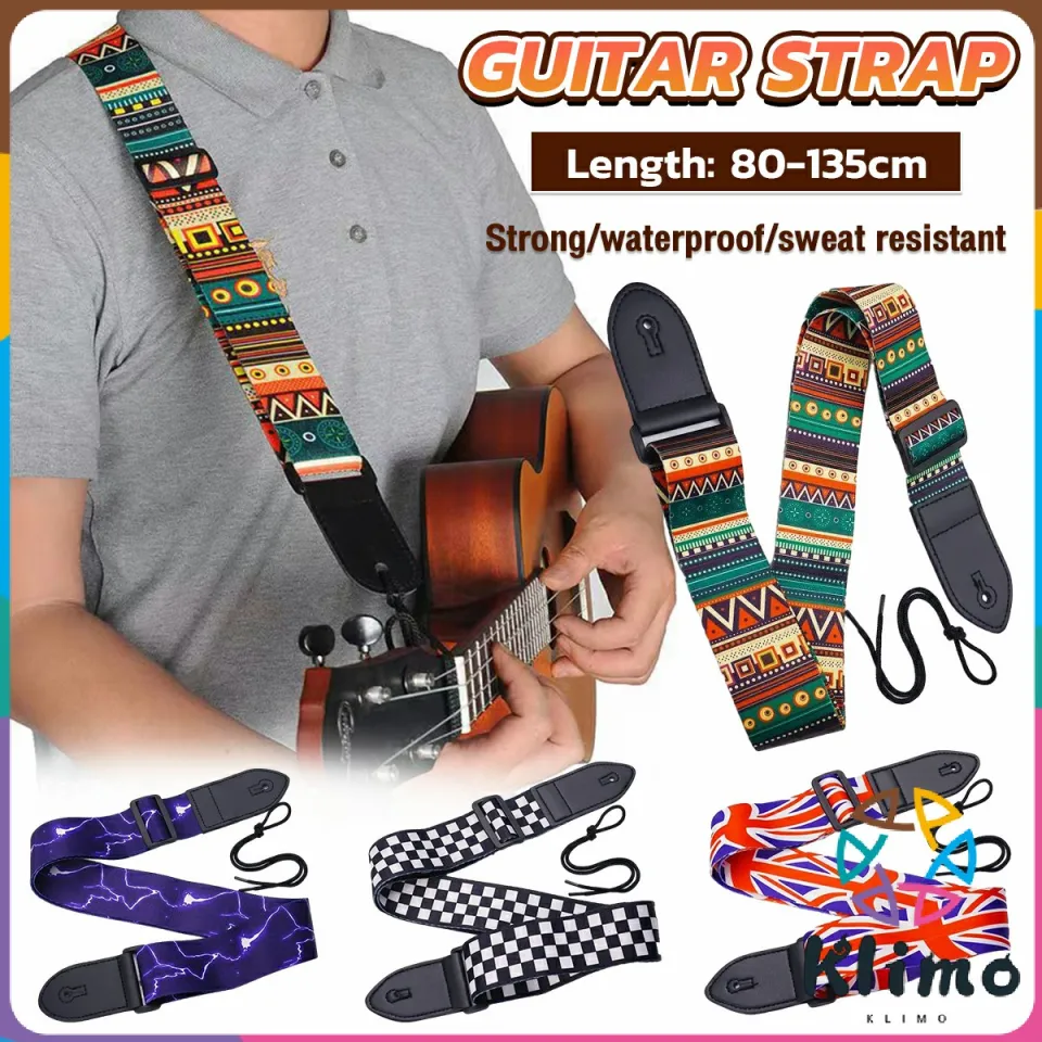 Guitar Strap, Bass Guitar Strap, Electric and Acoustic Guitar Straps -  Durable Nylon Checkered Guitar Shoulder Strap with Leather Ends (Black and