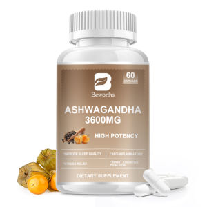 Viên nang Ashwagandha BEWORTHS 3600 mg với hạt tiêu đen giúp giảm căng thẳng thư giãn hỗ trợ chất lượng giấc ngủ cải thiện tâm trạng sức bền sức sống và sức mạnh