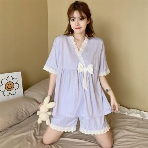 Bộ Ngủ Nữ Vat Chéo Kẻ Sọc Đính Nơ Cực Dễ Thương