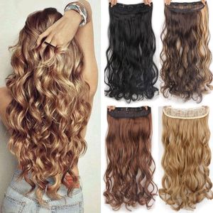 LANGJ Long 60cm Natural Heat Resistant Synthetic Hair One Piece Clip In Curly Hair Hairpiece for Women Lady Hair Extensions