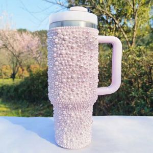 40oz Stainless Steel Vacuum Insulated Tumbler with Rhinestone Handle - Glittery Rhinestone Design