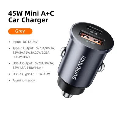 SUNKANDI 45W Car Charger: PD+QC USB-C & USB-A Fast Charging Adapter Aluminum Mini Model for Charging Phones and Tablets