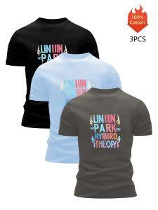 Printed T-Shirt 3 Pack Mens 100% Cotton Graphic Tees Funny Summer Blouse Casual Breathable Cool Luxury High Quality Clothing