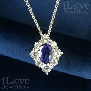 iLove Jewellery 925 Sterling Silver 18K White Gold Plated 1.5ct Tanzanite Blue Oval Cut Cubic Zirconia Pendant Necklace Jewelry Chain Gift for Women Fashion ILN001