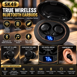 SOMNIQ SK49 Sleep Earbuds for Side Sleepers | Bluetooth 6.0 Mini Wireless Earphones | Ultra Small Low Profile HiFi Stereo Noise Reduction Earbuds | Type-C Charging