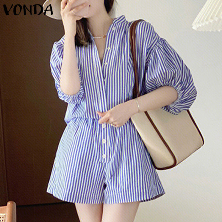 MABLE Striped Puff Sleeve Collared Neck Romper main image 0