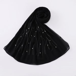 Jifang One Side Shiny Rhinestones White Pearls Decor Plain Bubble Chiffon Pashmina Shawl Muslim Hijabs Shawls WC12