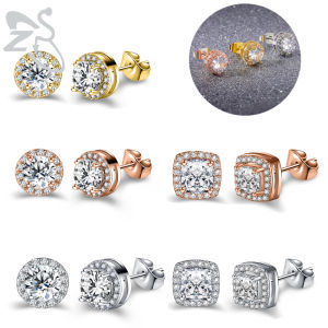 ZS 1Pair 20g CZ Crystal Square Stud Earrings for Women Girls Stainless Steel Round Earring Rose Gold Plated Ear Tragus Helix Piercing Shiny Ear Jewelry