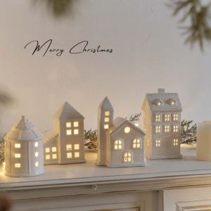 RUCHO Ceramic Porcelain Lamp Ornament Button Batteries LED Christmas Atmosphere Lights Christmas Ornaments Warm Glow House-shaped Night Lamp Kids Room