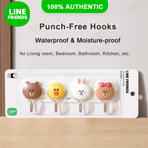 100% Authentic Line Friends Punch-Free Hooks Hangers Self Adhesive Hooks Seamless Hooks for Kitchen and Bathroom Strong Sticky Bedroom Home Storage Organization BROWN CONY CHOCO SALLY LFB32/LFB30/LFB31