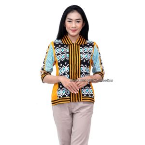 Batik Wanita Blouse Atasan Modern Berkerah Resleting Depan Ready Size S-M-L-XL-XXL-3L-4L-5L- by Batik Dua Putri Pekalongan - GARIS KUNING