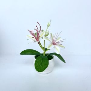 FLYING 3 Flowers Artificial Jasmine Potted Plant Small with White Pot Artificial Faux Plants Multi-Bloom Fake Flower Bonsai Home Decor