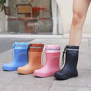 Womens Mid-calf Rain Boots Non-slip Wear-resistant Rain Boots Thicken Bota with Reflective Strip