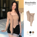 เสื้อปาดไหล่ ทรงครอป ชายผ้ายาวเฉียงปิดพุง ดีเทลใส่ได้หลายแบบ เกาะอก มีแขน หรือใส่เป็นสไบหน้า เก๋มาก เสื้อยืดผู้หญิง #047. 
