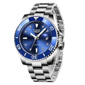 LIGE Fashion Watch Men 3ATM Removable Turntable Waterproof Calendar Steel Band Quartz Watch + Box