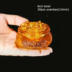 1 pc 6cm/8cm Feng shui Glass Golden Treasure Basin with full Ingot/Yuan Bao Good Luck Wealth Prosperity Figurine Collectibles New Years Decoration for Home Office