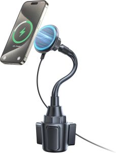 15W MagSafe Car Charger Cup Holder Mount for iPhone MagSafe Car Mount Charger 15W Fast Charging with Adjustable Gooseneck for iPhone 17 16 15 14 Pro Max PlusMagSafe Case