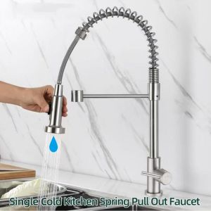 304 Stainless Steel Kitchen Faucet Spring Pull Single Cold Rotatable Vegetable Sink TapFast shipping