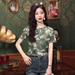 Ammin เสื้อเสื้อแขนสั้นผ้าไหมน้ำแข็งตาข่ายพิมพ์ลายสำหรับฤดูร้อนเสื้อชีฟอง204อารมณ์แฟชั่นสไตล์ตะวันตกของผู้หญิงเข้ารูปพอดีเข้ากับทุกชุดเสื้อตัวบนสุดชิค