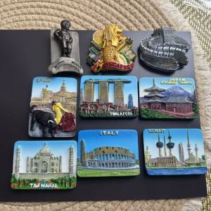 1pc Travel Theme Refrigerator Magnet Resin Souvenir Belgium Singapore India china The Great Wall Spanish bullfighting Colosseum Kuwait Japan Decorative Fridge Sticker for Tourists Home Office Decor