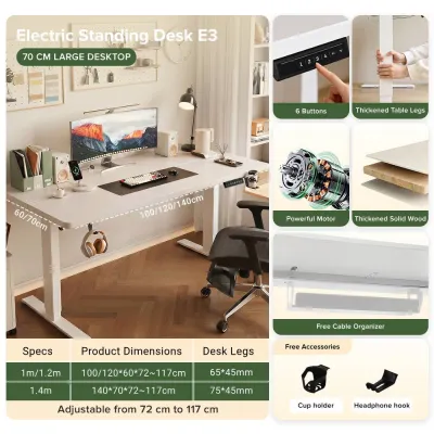 Bapoarm E3 Smart Electric Standing Desk Adjustable Height 72-117cm 4 Memory Computer Table with Child Lock for Home