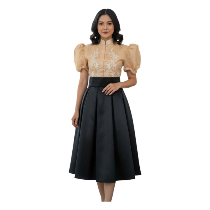 Filipiniana puff-sleeve Ladies barong match with midi black skirt