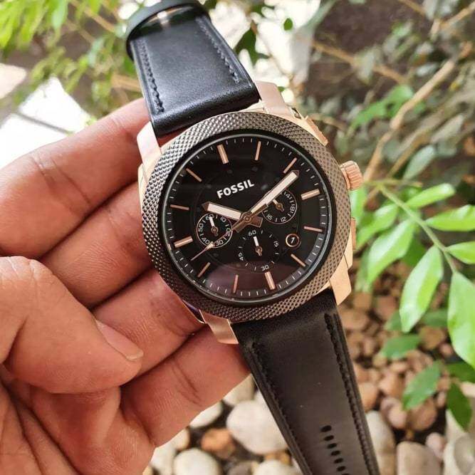 Black leather fossil clearance watch