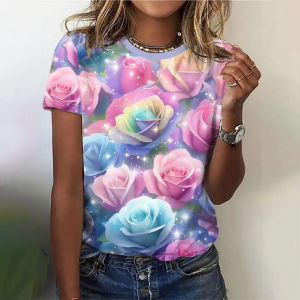 [Local Stock] ZEEMIN Summer Fashion Flower Rose 3D Print T-shirts Women Streetwear Casual Y2k Short Sleeve T Shirt O-neck Tees Tops Clothing