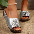 Free Shipping Plus size 36-45 thick-soled hollow-out women's floral wedge beach sandals. 