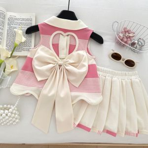 Pink 2-9 Years Girl Clothes Fashion Fold-over Collar Striped Love Print T-shirt + Pleated Skirt 2 Pcs Set Back Bow Decoration2026