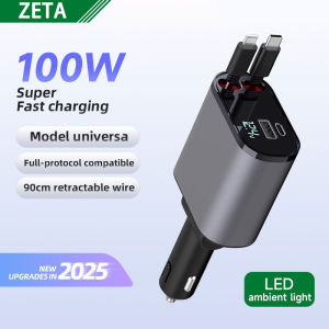 4 in 1 Retractable Car Charger 100W Mobile Phone Super Fast charge USB Cable for IOS Android Suitable Conversion Plug Car Charger Smart Car Charger Lighter Adapter