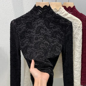Stand Collar Lace Long Sleeved T-shirt Base Shirt for Womens Autumn and Winter Style French Romantic Mesh Top Elastic Plus Size