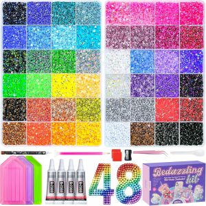 70000Pcs 48 Colors Bedazzling Kit 2 Boxes with Rhinestones 3mm Resin Flatback Rhinestones with 4 Pcs B7000 Jewelry Glue & Tools Diamond Art All-in-One Bedazzling Kit for DIY Arts & Crafts Gifts