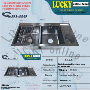 BK-615 OLGO STAINLESS MATTE BLACK HIGH QUALITY KITCHEN SINK WITH TRASH BIN (100X45X23CM)