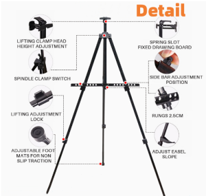 Portable Folding Iron Painting Display Stand Easel Telescopic Tripod Sketching Rack Organizer Tools Artist Painting Accessories Thick Aluminum Stand with Carry Pouch